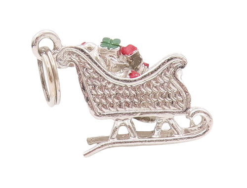 925 Sterling Silver Vintage Pendant DANECRAFT Enameled Carved Sleigh  PT23003
