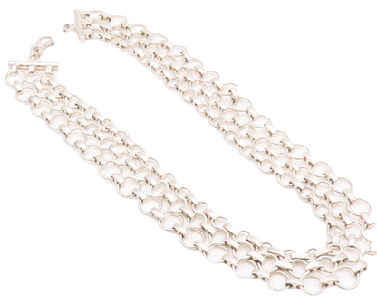 925 Sterling Silver Vintage Necklace Cutout Triple Ring Linked Chains  NE4290