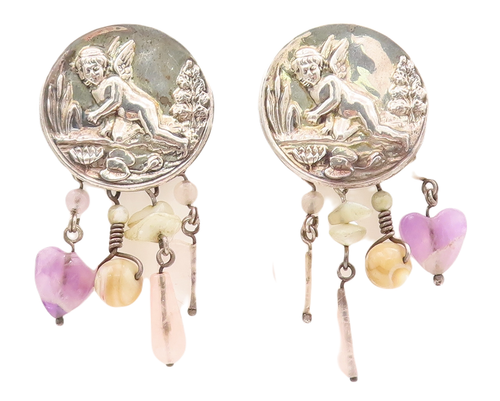 925 Sterling Silver Vintage Earrings FMW Flying Angle Dangling Gemstones EG12979