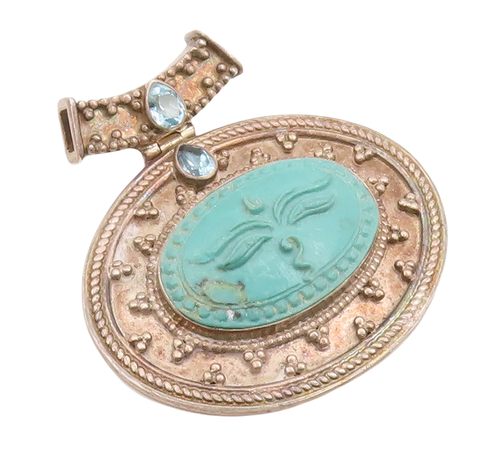 925 Sterling Silver Vintage Pendant NEPAL Beaded Carved Face Turquoise  PT23115