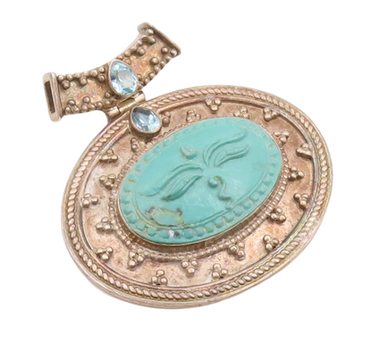 925 Sterling Silver Vintage Pendant NEPAL Beaded Carved Face Turquoise  PT23115