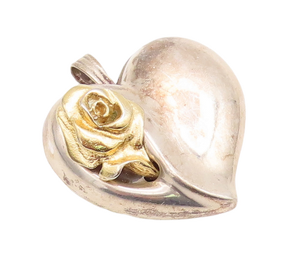 925 Sterling Silver Vintage Pendant GORHAM Puffed Carved Rose Heart  PT23256
