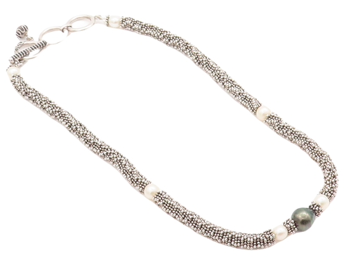 925 Sterling Silver Vintage Necklace DEBORAH ARMSTRONG Carved Pearls  NE4297