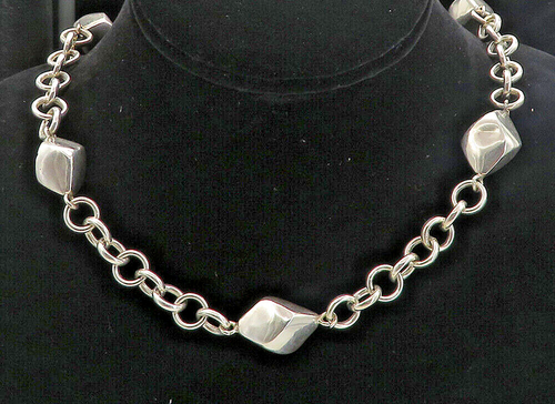 925 Sterling Silver  Shiny Hollow Diamond Shape Link Chain Necklace  NE1313