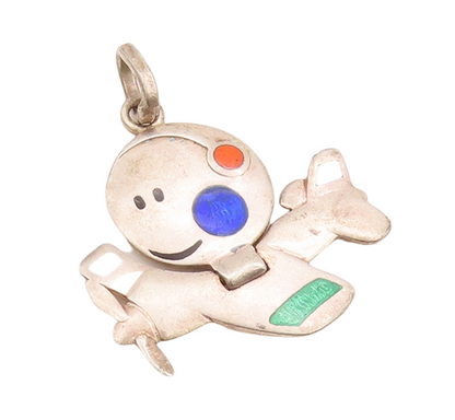 925 Sterling Silver Vintage Pendant Enameled Smiling Sun On Aeroplan  PT23130