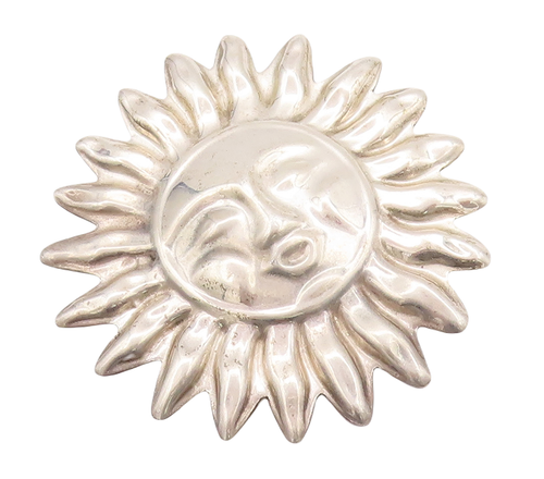 925 Sterling Silver Vintage Brooch Pin MEXICO Solid Carved Smiling Sun  BP11012