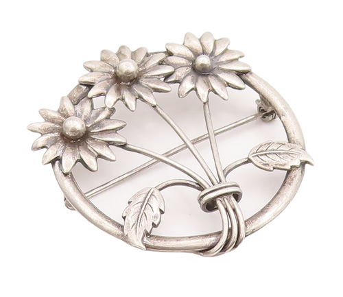 925 Sterling Silver Vintage Brooch Pin Round Framed Sunflowers  BP11121