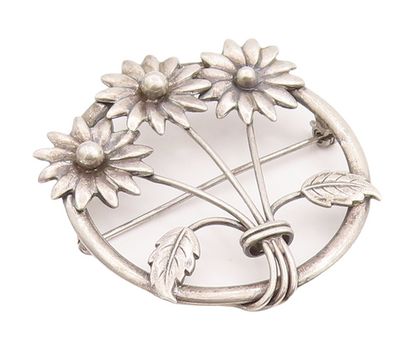 925 Sterling Silver Vintage Brooch Pin Round Framed Sunflowers  BP11121