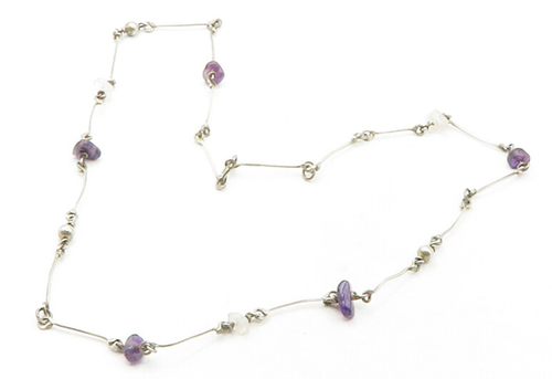 925 Sterling Silver Vintage Amethyst & Quartz Bar Link Chain Necklace NE2126