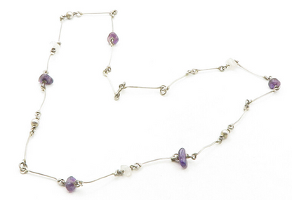 925 Sterling Silver Vintage Amethyst & Quartz Bar Link Chain Necklace NE2126