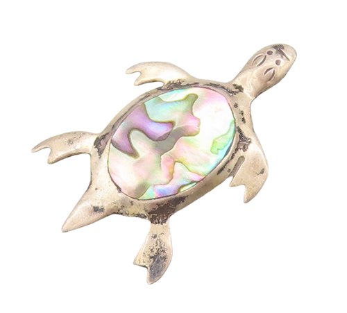 925 Sterling Silver Vintage Brooch Pin Oval Abalone Inlay Turtle  BP11001