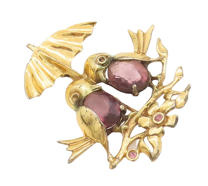 925 Sterling Silver Vintage Brooch Pin CZ Inlay Birds Under Umbrella  BP11053