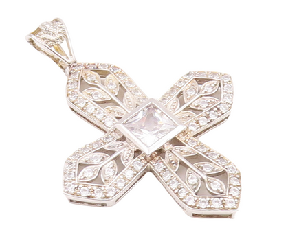 925 Sterling Silver Vintage Pendant CZ Beaded Floral Carved Cross "X"  PT22853