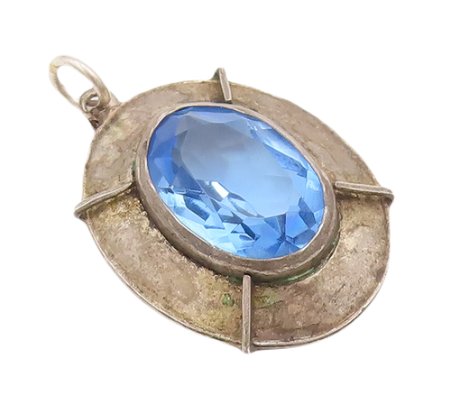 925 Sterling Silver Vintage Pendant Large Oval Cut Blue CZ Shield  PT23081