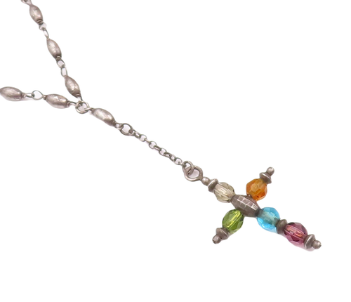 925 Sterling Silver Vintage Necklace Minimalist Religious Beaded Cross  NE4275