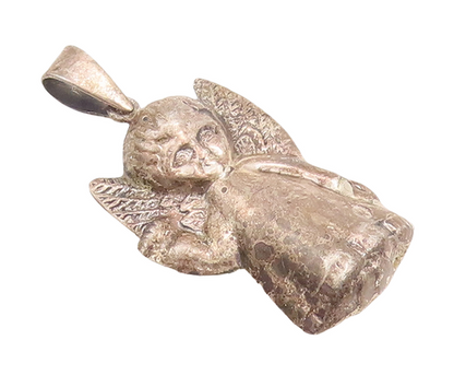 925 Sterling Silver Vintage Pendant Puffed Carved Baby Angel With Wings  PT23274