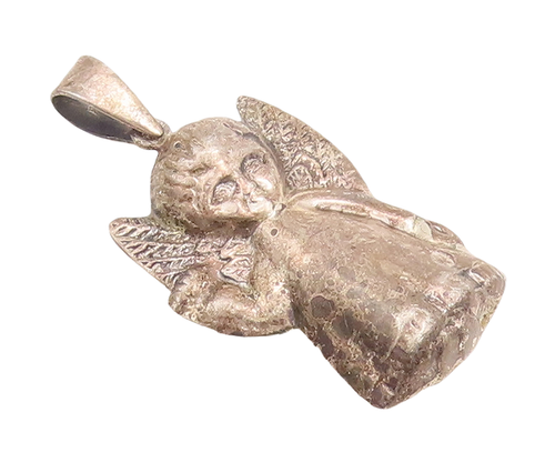 925 Sterling Silver Vintage Pendant Puffed Carved Baby Angel With Wings  PT23274