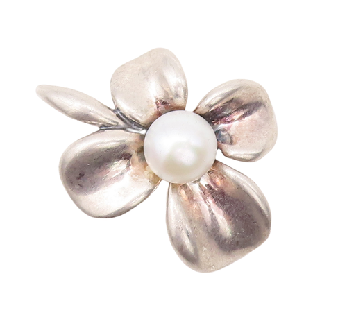 925 Sterling Silver Vintage Pendant ANN KING Carved Pearl Beaded Flower  PT23152