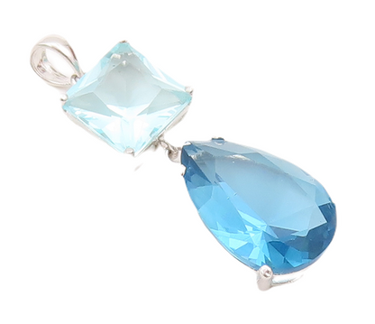 925 Sterling Silver Vintage Pendant Square & Drop Cut Two Tone Blue CZ  PT23077
