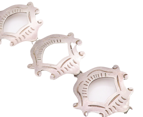 925 Sterling Silver Vintage Bracelet MEXICO Swirly Etched Frames Linked  BT10572