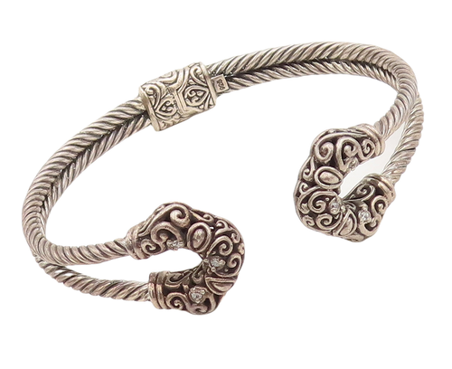 925 Sterling Silver Vintage Bracelet Diamonds Inlay Swirly Carved Cuff  BT10607