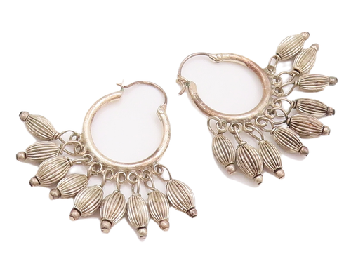 925 Sterling Silver Vintage Earrings Hoops Dangling Grooved Oval Beads  EG12995