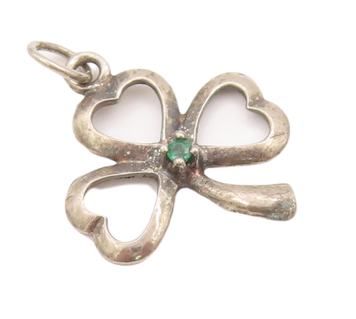 925 Sterling Silver Vintage Pendant Mini Emerald Beaded Cutout Clover  PT23072