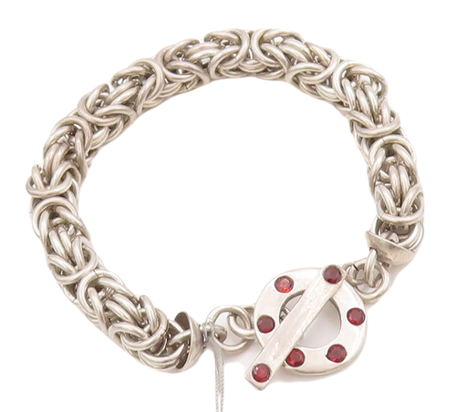 925 Sterling Silver Vintage Bracelet Byzantine Chain Garnet Toggle Lock  BT10508