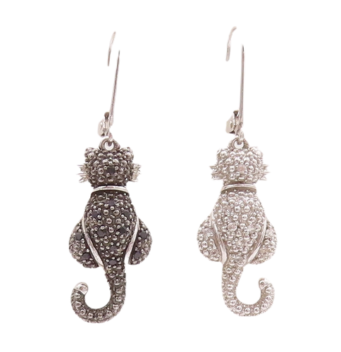 925 Sterling Silver Vintage Earrings Two Tone Diamonds Sitting Cats  EG12969