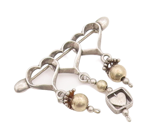 925 Sterling Silver Vintage Brooch Pin Cutout Hearts With Dangling Beads BP11104