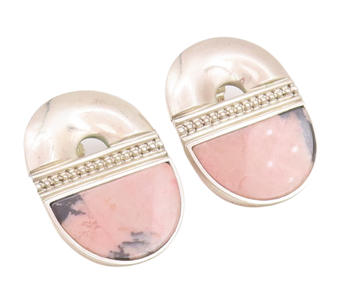 925 Sterling Silver Vintage Earrings Designer Carved Pink Black Gemstone EG12964