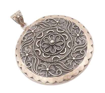 925 Sterling Silver Vintage Pendant Large Round Swirly Floral Carved  PT23034
