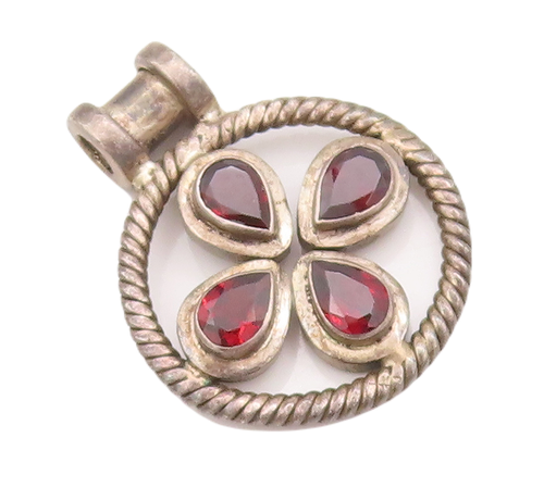 925 Sterling Silver Vintage Pendant Roped Border Drop Cut Garnet  PT22885