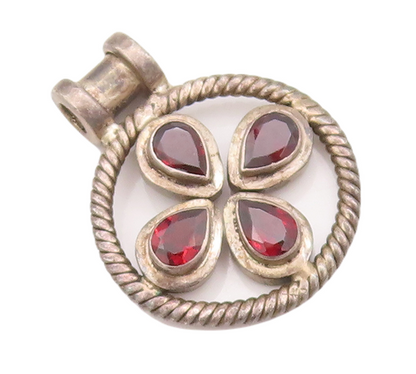 925 Sterling Silver Vintage Pendant Roped Border Drop Cut Garnet  PT22885