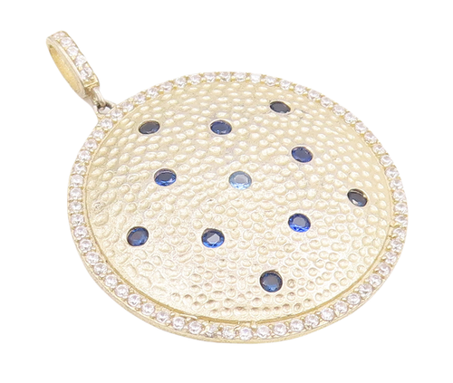 925 Sterling Silver Vintage Pendant Round Dented 2 Tone Gemstone Inlay PT22851