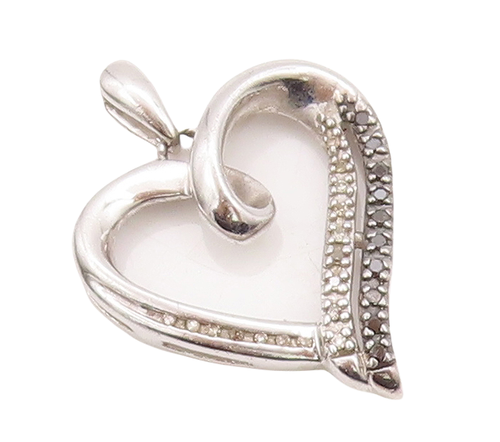 925 Sterling Silver Vintage Pendant Swirled Cutout Diamonds Inlay Heart  PT23094