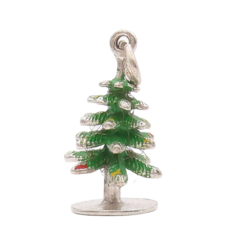 925 Sterling Silver Vintage Pendant 3D Carved Enameled Christmas Tree  PT23119