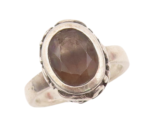 925 Sterling Silver Vintage Ring Swirly Carved Inlay Smoky Quartz  Sz 7  RG28111