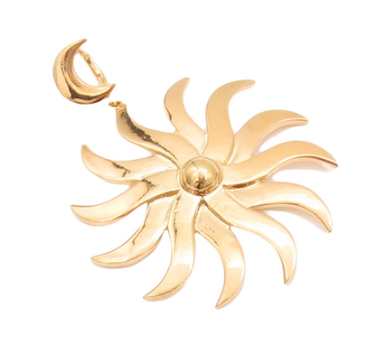 925 Sterling Silver Vintage Pendant Gold Plated 3D Carved Dangling Sun  PT22930