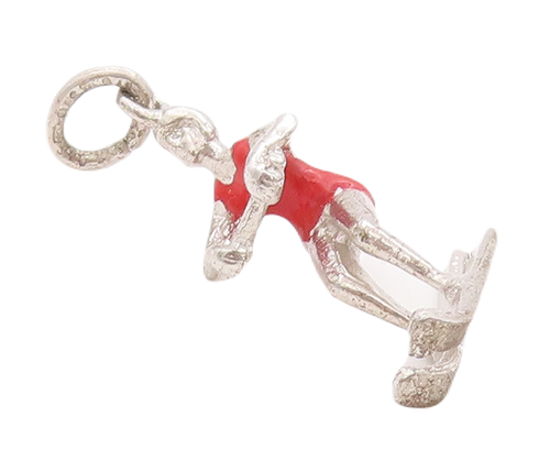 925 Sterling Silver Vintage Pendant Solid 3D Carved Enameled Skiing Girl PT23044