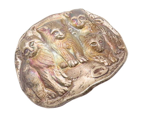 925 Sterling Silver Vintage Brooch Pin Solid Carved Lion Family  BP11037