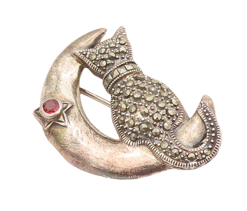 925 Sterling Silver Vintage Brooch Pin Marcasite Inlay Cutout Stars  BP11128