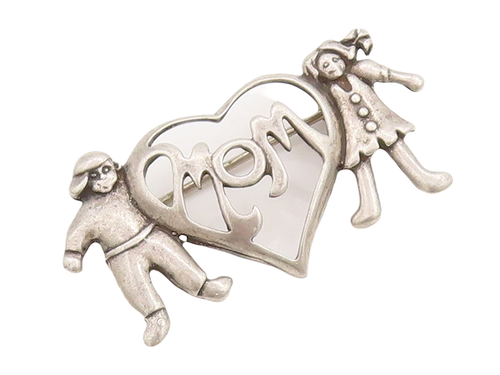 925 Sterling Silver Vintage Brooch Pin Cutout Children Love Heart Mom  BP11092