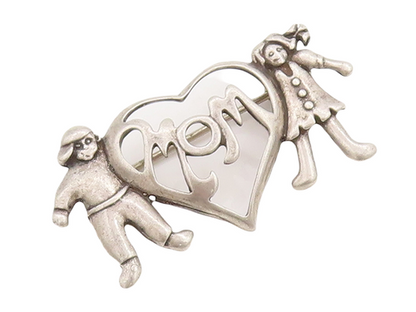 925 Sterling Silver Vintage Brooch Pin Cutout Children Love Heart Mom  BP11092