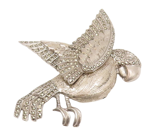 925 Sterling Silver Vintage Brooch Pin Marcasite Inlay Carved Parrot  BP11008