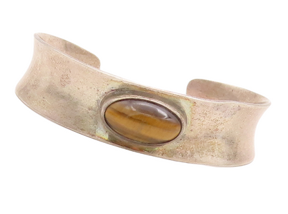 925 Sterling Silver Vintage Bracelet FROM DENMARK Oval Tiger's Eye Cuff BT10487