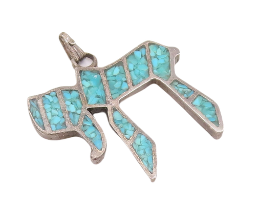 925 Sterling Silver Vintage Pendant Southwestern Crushed Turquoise Chai PT22939