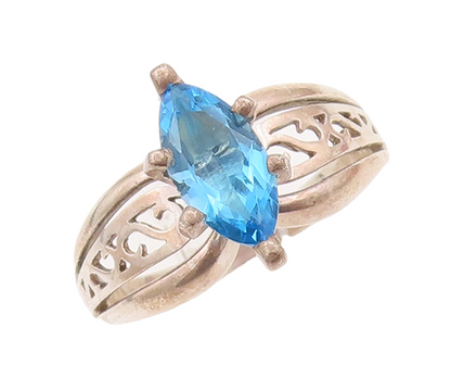 925 Sterling Silver Vintage Ring Swirly Carved Marquise Cut Blue CZ Sz 7 RG28181