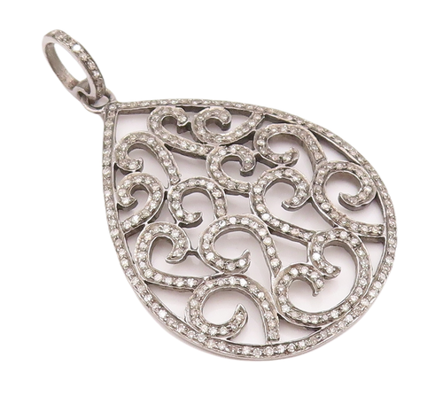 925 Sterling Silver Vintage Pendant 1/2 Ct Diamonds Swirly Carved Drop PT22941
