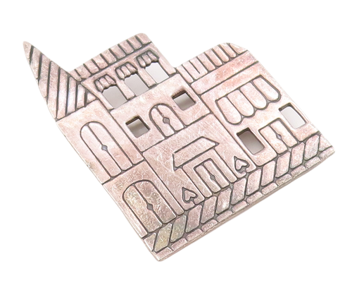 925 Sterling Silver Vintage Brooch Pin Solid Etched Apartment Building  BP10988